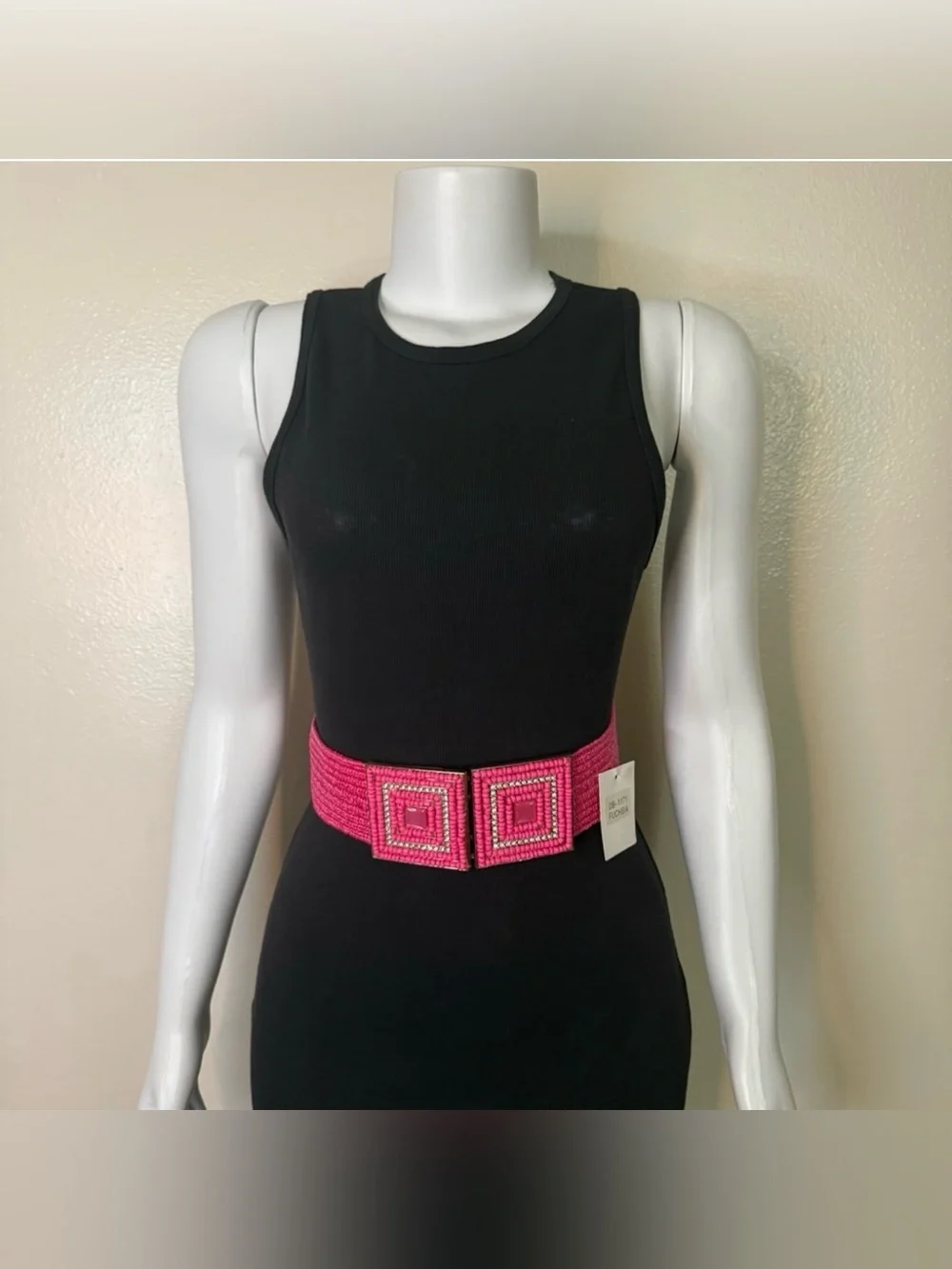 Fuchsia paper waistband stretchy belt with square buckle and rhinestone details